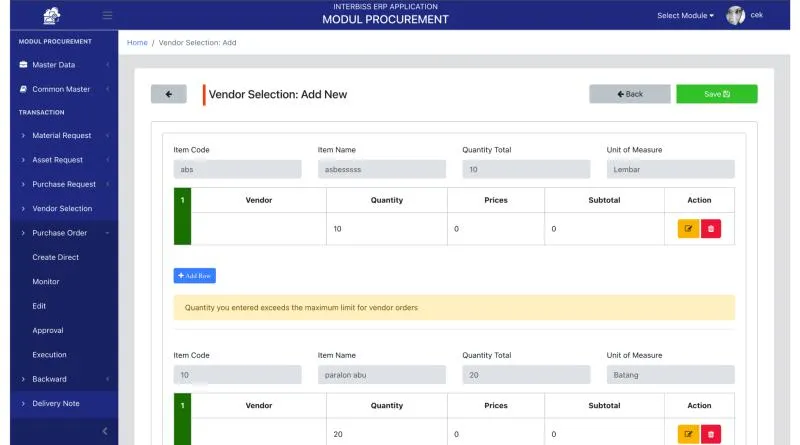 Interbiss ERP Application: Modul Procurement
